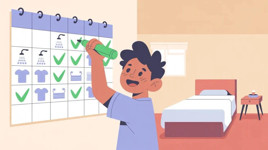 Young student using a 30-day hygiene habit tracker to stay fresh and consistent