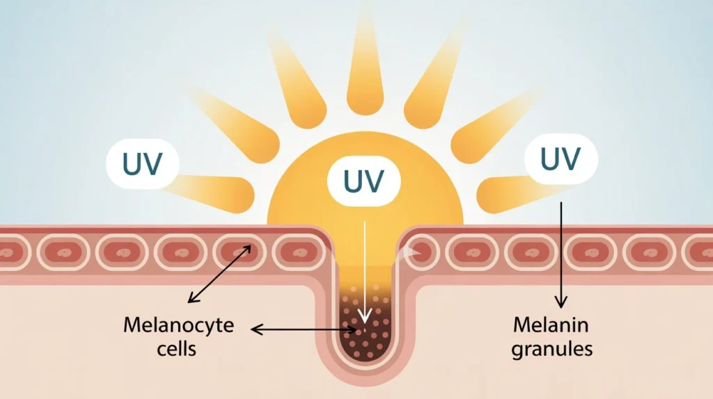 Diagram explaining how UV rays increase melanin and cause skin tanning
