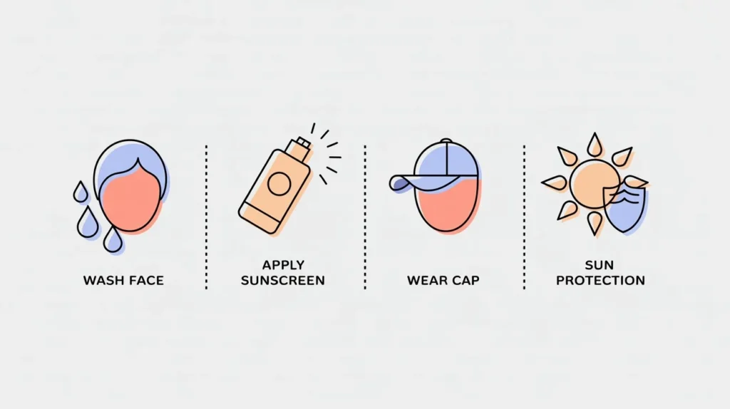 Morning skincare routine steps including face washing and sunscreen application