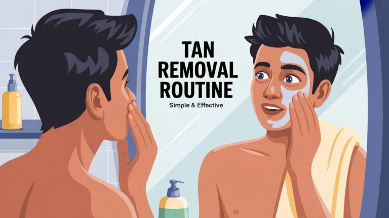 Young man following a simple tanning removal routine with before and after skin transformation illustration