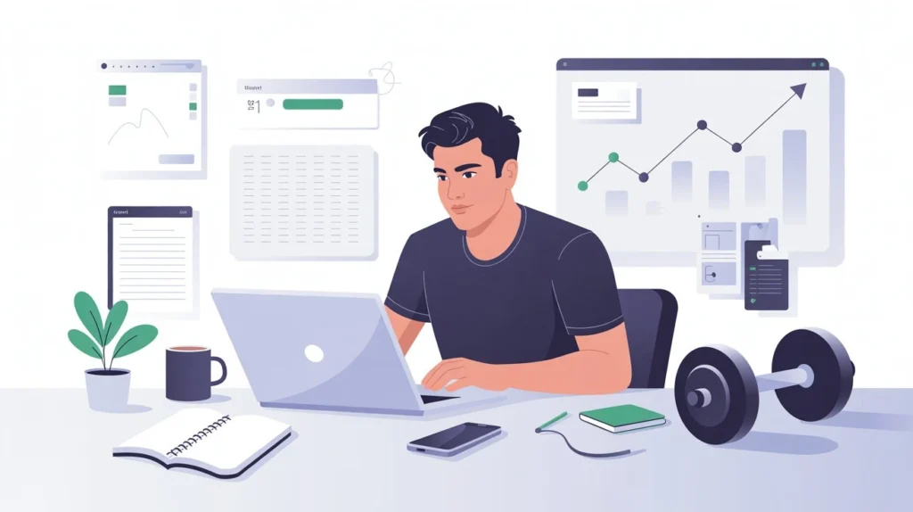 Young man working on laptop at a clean desk with growth chart, habit tracker, and dumbbell in a professional self-improvement vector illustration
