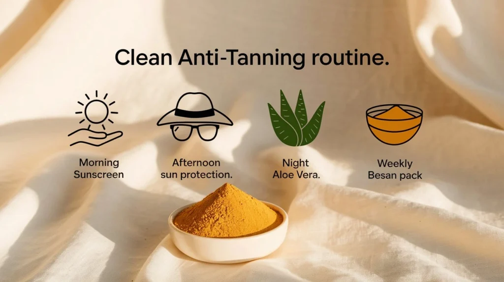 Infographic showing a simple daily routine to reduce tanning naturally