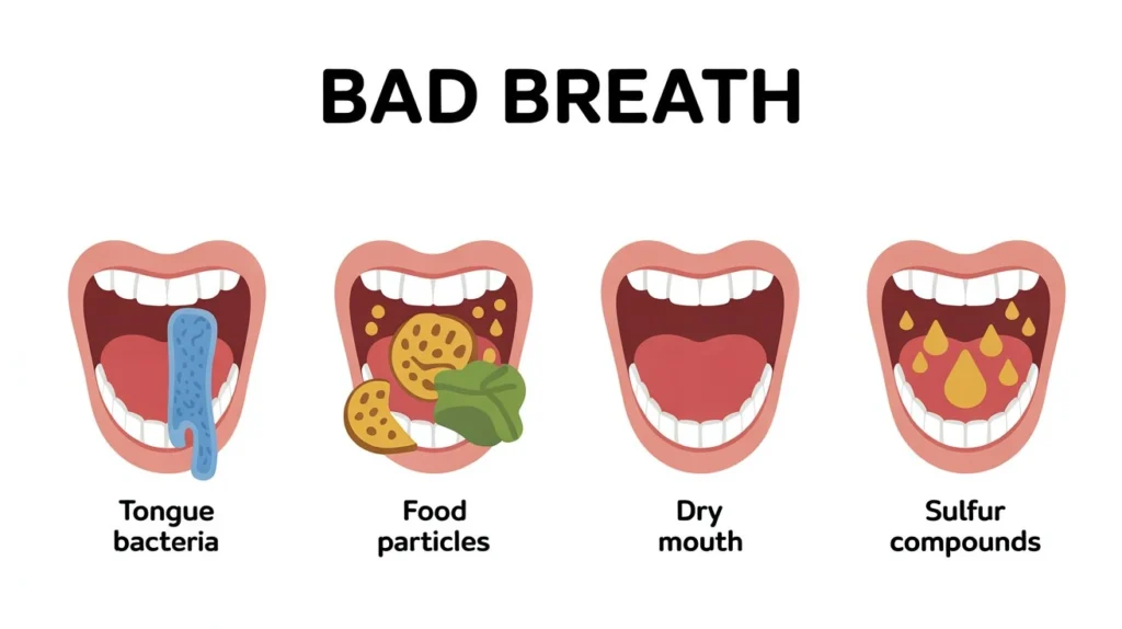 causes of bad breath bacteria tongue dry mouth illustration