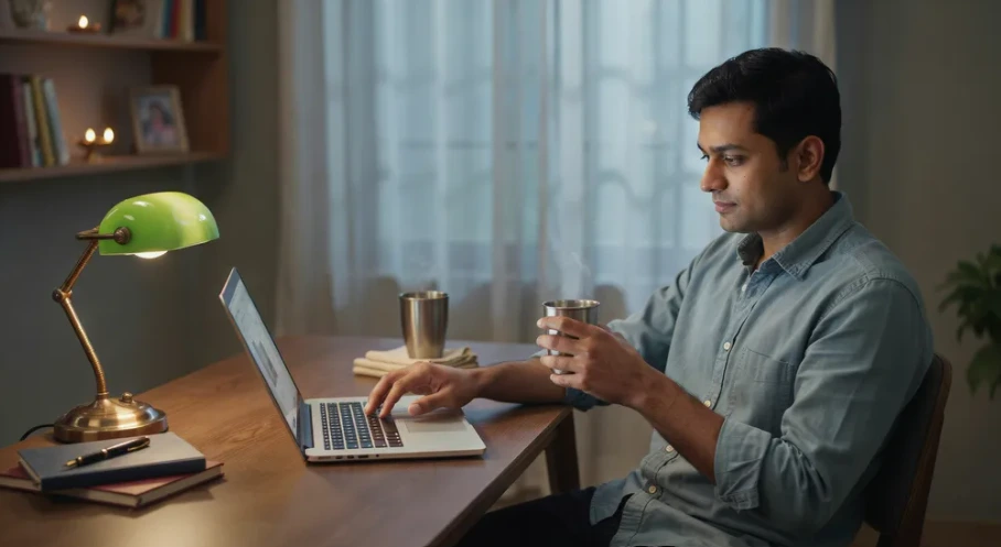 Working professional doing freelance work at home after office hours
