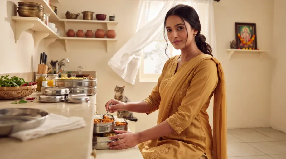Homemaker running small business ideas from home by packing tiffin orders