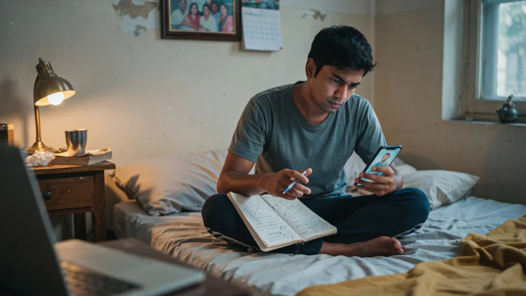 Young Indian student overwhelmed by too many side hustle ideas