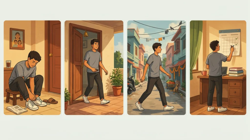 Young beginner connecting walking with an existing daily routine