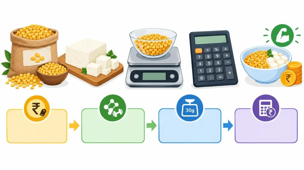 Illustration explaining how to calculate the cost of 30 grams of protein