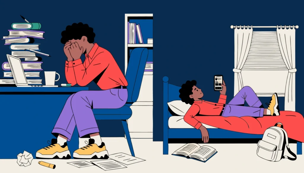 College student feeling overwhelmed by assignments and avoiding work with a phone