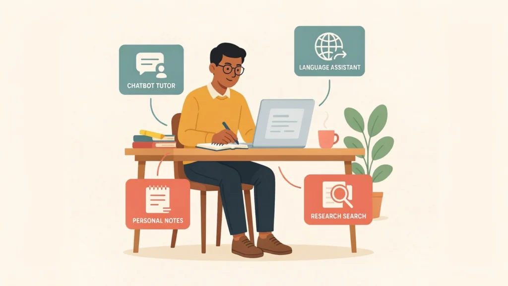 Student using AI tools for studying, research and practice