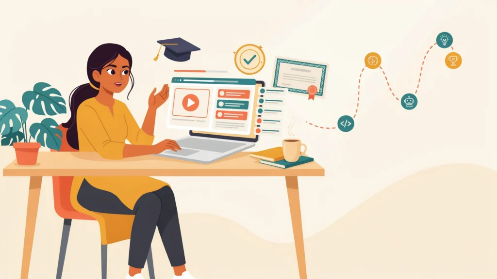 Student taking a free AI course and earning a digital certificate