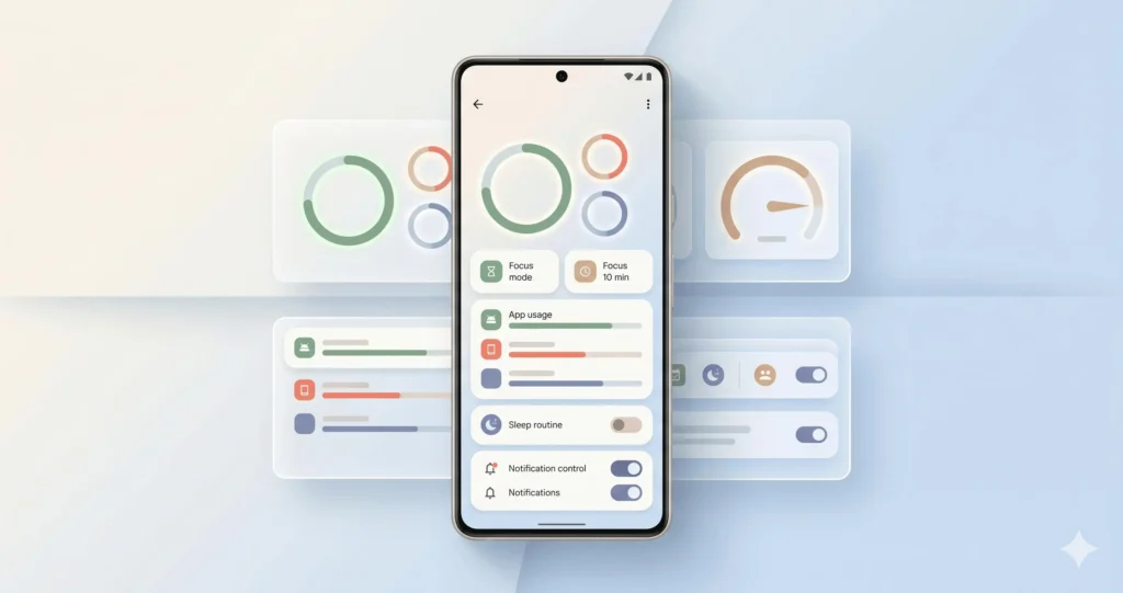 Smartphone with notification controls, app timers, grayscale mode, and habit checklist