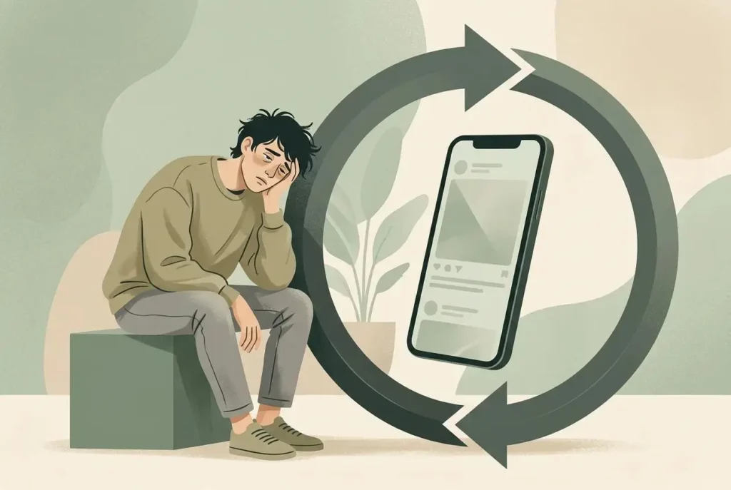 Illustration of the cue, action, and reward cycle behind phone scrolling